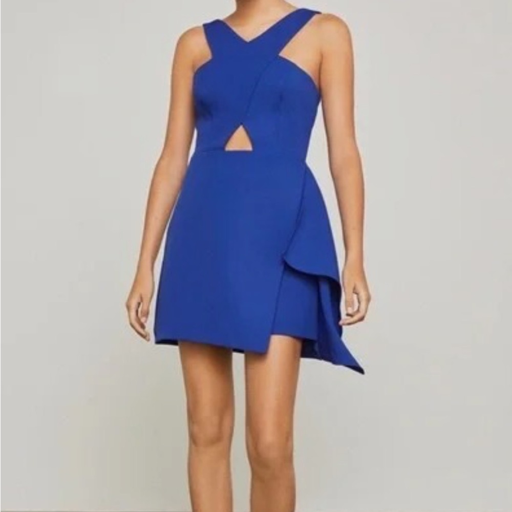 BCBGMaxAzria Blue Asymmetrical Halter Cocktail Dress-Qyun Cutout Cocktail Dress